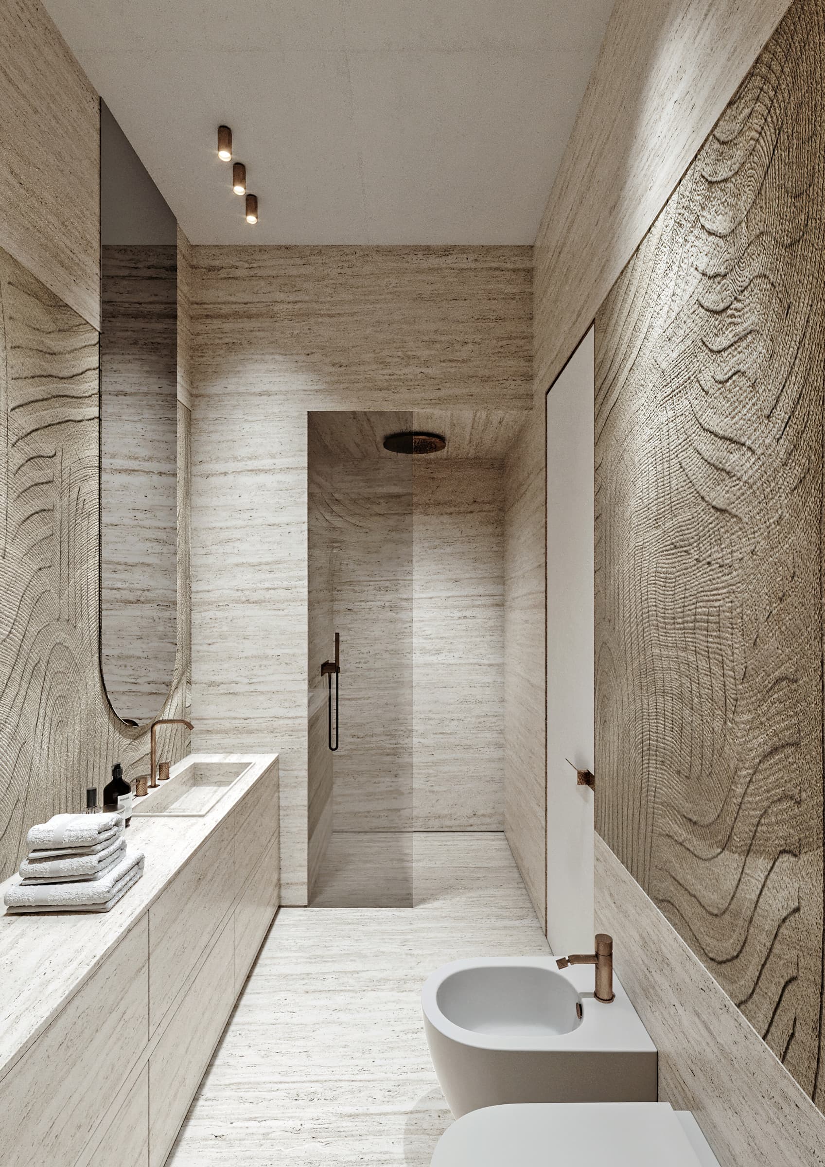 Travertine bathroom with walk-in shower