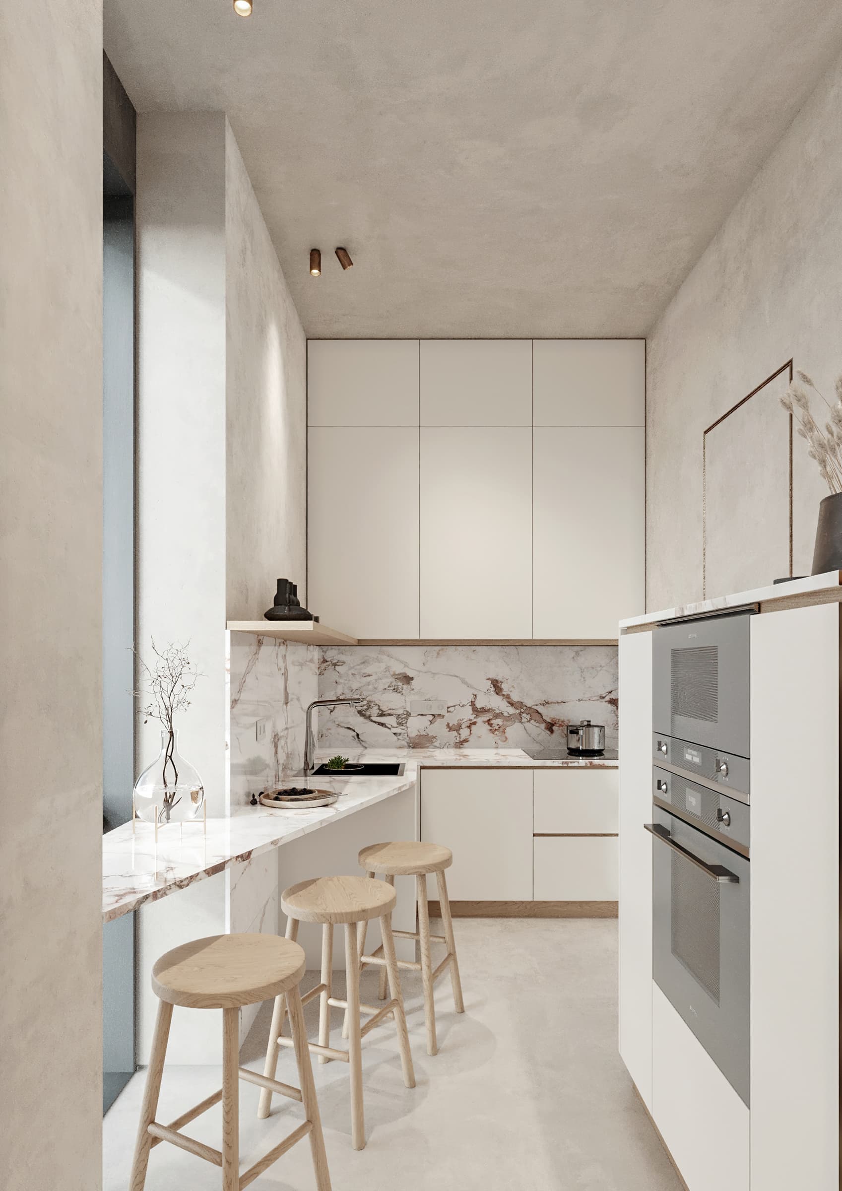 Marble kitchen with raw plaster ceiling